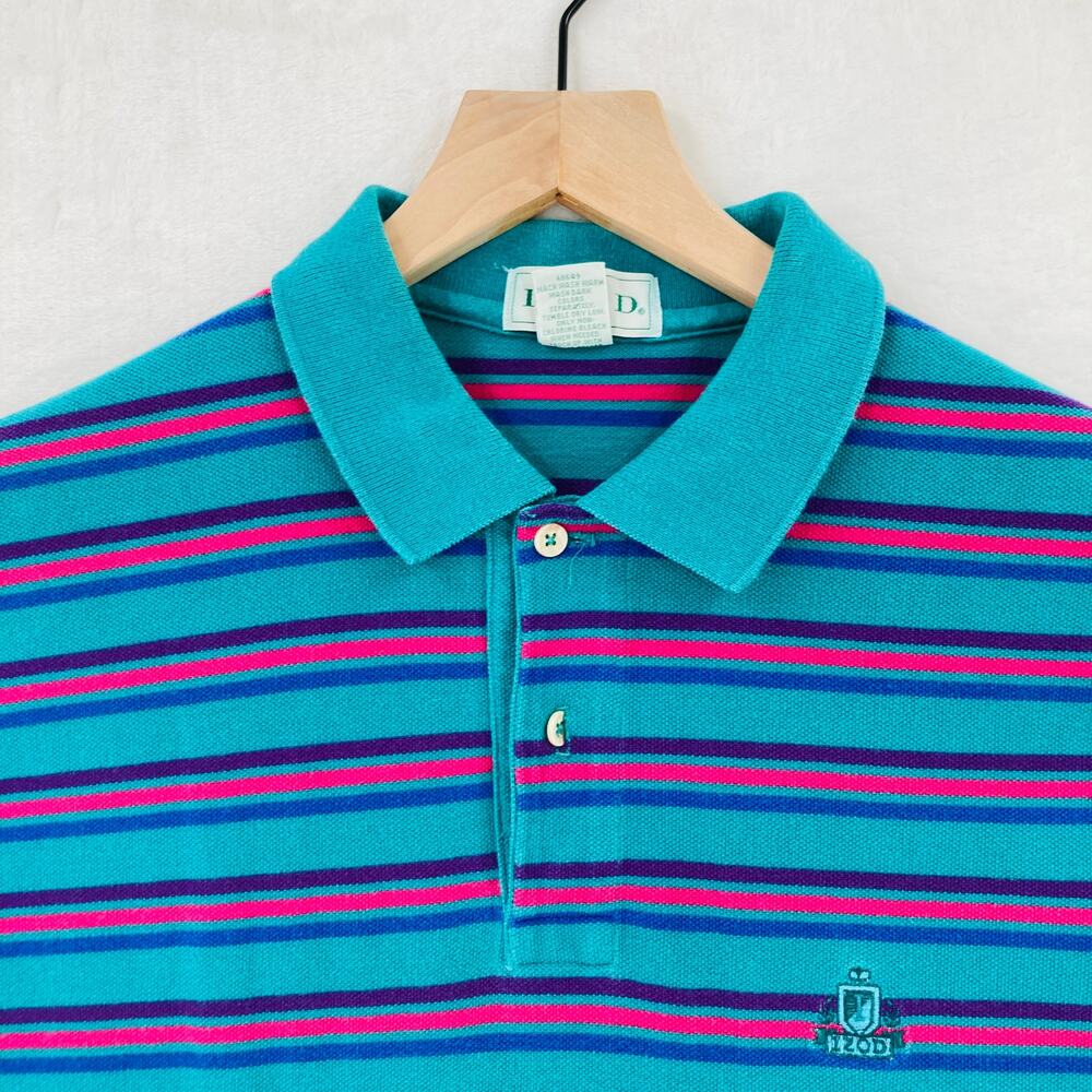 Vintage Izod Polo Shirt Mens Large Green Striped Cotton Blend USA Made Preppy - Picture 2 of 10
